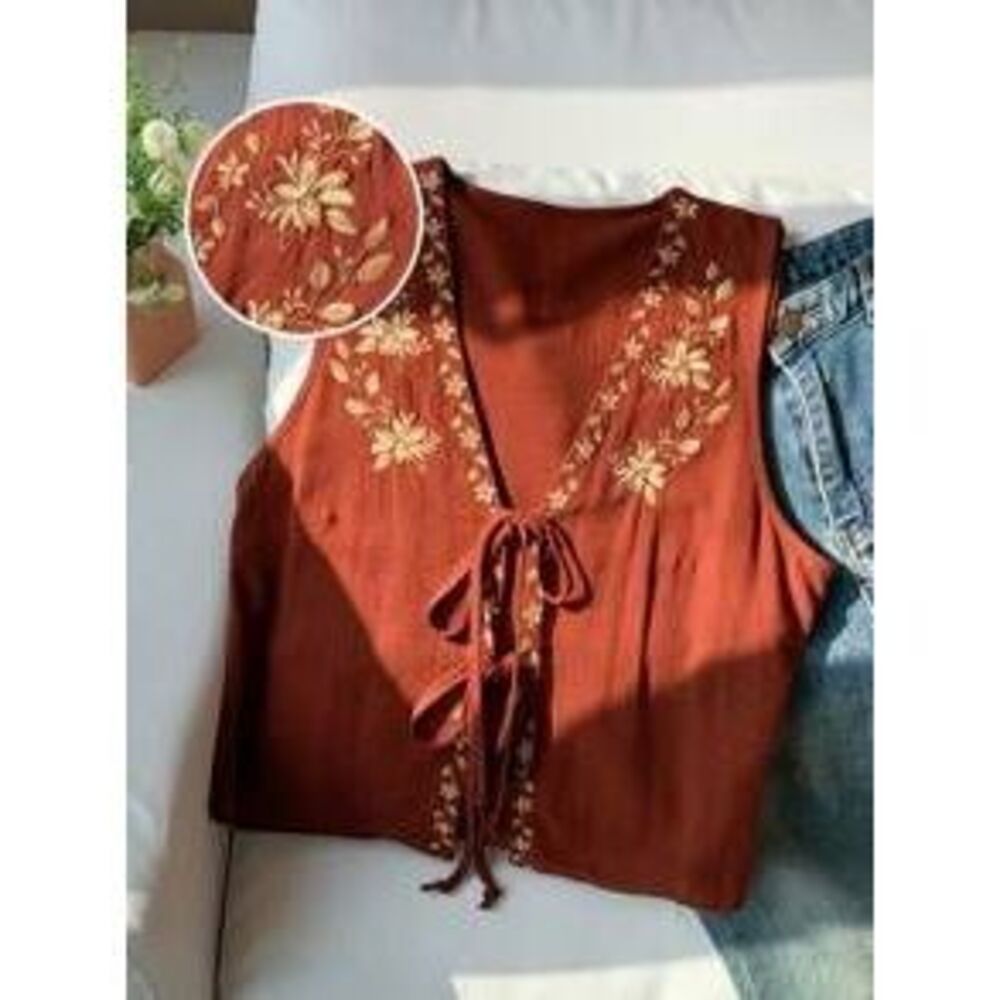 Comfortcana Women's Summer Boho Floral Embroidery Front Tie Sleeveless Blouse,W…